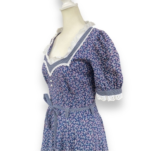 GUNNE SAX Vintage Jessica McClintock Navy Blue Floral Print Prairie Dress - Picture 8 of 16